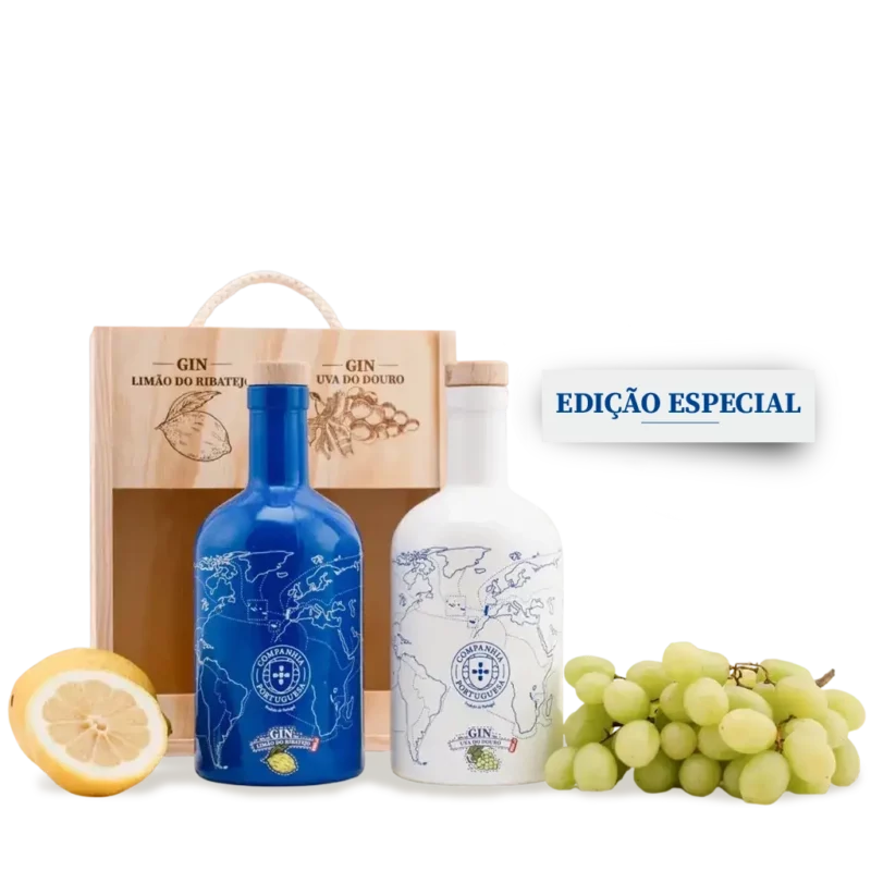 <h5>Gin Conjunto 2 Sabores</h5><h5 style="font-weight:300; font-size:14px!important"> - Limão do Ribatejo e Uva do Douro - </h5>